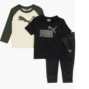 New Puma Logo Long Sleeve T-Shirt, Short Sleeve T-Shirt & Tricot Pants Set